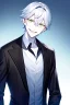 Placeholder: plauge doctor in balck leather coat and suit with silver hair, pale skin and bright green eyes smiling with sharp teeth, nice young face, male, viscious smile, face close look