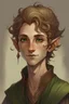 Placeholder: Androgynous, small-eared, green-skinned wood elf with light brown, short, loosely curly hair.