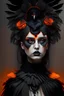 Placeholder: Beautiful young faced goth vantablack woman portrait, adorned with black Crow feathered headdress ribbed with black onix ad obsidian, white pearl colour and orange opal gradient, black and orange colour gradient roses headress and art nouveau gothica feathered textured leather dress ribbed with orange opal and obsidian stone wearing half face black feathered masque organic bio spinal ribbed detail of under the moonlight extremely detailed hyperrealistic maximálist conceeptportrait