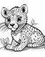 Placeholder: create a 2d black outline, "safari smiling cartoon baby gepard coloring book for toddlers", coloring page, low details design, black contour, coloring page design, simple background, colorful , card style, coloring page for kids, white background, sketch style, safari landscape, cartoon style