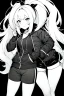 Placeholder: blonde girl with ponytails dressed in a jacket and shorts makes its way in the dark, greyscale