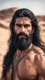 Placeholder: An Arab man in the desert, tall and strong, with long black hair and a thick beard. A long face, a large nose, a thick face, and sharp black eyes. A solid and muscular body with a strong build.