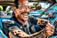 Placeholder: Fotorealistisch Danny Trejo breit grinsend mit offenem Haar in ölverschmiertem Mechaniker Overall fährt Muscle Car