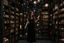 Placeholder: full-height shot of a woman in a tight black dress, holding up small glowing symbols, inside a magic book shop