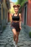 Placeholder: full body ,young woman with clear eyes, messy bun hair, bouncing looking back, soft velvet red/black two piece printed outfit, morning sun, cute, full body, ultra realistic, a variety of small details in the background, hyper realistic, surprised, sweet smile, 8k, HDR, 500px, by Koos Roos