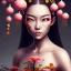 Placeholder: portrait of a Chinese woman, cute, fantasy, with flowers in her hair, big eyes, cute red nose, frecles