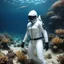 Placeholder: white shark: Blonde, black latex hazmat suit, clear helmet, underwater reef