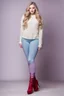 Placeholder: beautiful 18 year old girl with ash blonde hair and blue eyes with her curvy hair down, wearing a long-sleeved woollen top, and lilac long leggings, with long red boots full body shot