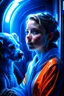 Placeholder: portrait of dog on a karate girl in the style of giger, spraypaint, photorealism, trending on artstation, 8k, depth of field, downlight, lightrays, volumetric, white hall podium, blue and orange