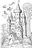 Placeholder: clipart easy colouring book in black and white for children of fantasy castles and magical animals