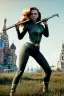 Placeholder: retro portrait image from 1960, Moscow background, wind, long red hair, fighting stance, sweet young Scarlett Johansson, classic tight lycra black suit, weapon, gold bracelet and belt, high heel boots, soft color, highly detailed, unreal engine 5, ray tracing, RTX, lumen lighting, ultra detail, volumetric lighting, 3d, finely drawn, high definition, high resolution.