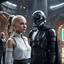 Placeholder: a bold and heroic bald male Corellian pilot in black and metallic grey First Order special forces gear meets a female Jedi Master in ancient, mystical temple, hyperdetailed, dynamic lighting, hyperdetailed background, 8k resolution, volumetric lighting, light skin, fully symmetric details