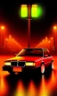 Placeholder: A 1990s car standing in front of a red traffic light, empty street, Cairo, 1990s, night time, rain, winter, movie scene Nick Harris style