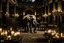 Placeholder: interior patio of a large house illuminated at night with candles and candelabras and in the middle of the patio an elephant, cinematogrphic image