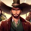Placeholder: Portrait, Bearded, gunslinger, short brown hair, serious eyes, wild west Coat,