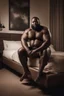 Placeholder: full body shot photography of a muscular chubby nigerian burly ugly 36 year old man, black beard, shirtless, manly chest, bulging pants, barefoot , sitted on the bed with big legs in an elegant bedroom at night, dim side light, photorealistic, ambient occlusion, frontal view