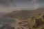 Placeholder: Craggy cliffside overlooking a sandy beach, fantasy, day time, light,mystical, town in the distance