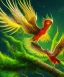 Placeholder: a detailed illustration of a black and green red yellow phoenix sitting on a branch of a tree, phoenix bird wallpaper, luminescent body, glinting wings, full body, symmetrical body, realistic, glowing wings, sharp focus, meticulously detailed, soft evening sky, 64k