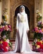 Placeholder: Full body Digital Photography art ,islamic fashion show cat walk gorgeous super model very beautiful woman iranian hijab ,dressing luxury design clothes gown made of flowers ,full of various kinds of flowers,digital photo sharp colors