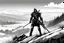Placeholder: A Terminator as a sniper on a hill in the bush, his long rifle on a rock, ready to fire. Record of Lodoss War style, Linework: Expressive, expressive black ink line art with variable stroke weights. Crisp contours define silhouettes while fine hatching adds subtle depth and form.