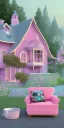 Placeholder: Snoop dogg. a chair. pink houses, pink sky, pink smoke, trees, outdoors