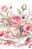 Placeholder: MAGIC WATERCOLOR CANDEL Pale pink roses, white Chinese peony, tiny apple blossoms, eucalyptus leaves, cranberry twigs, sprigs of copper pepper berries - all this is collected in a cute floral arrangement on a pink nickel mug. The mug stands on a thick white book with a picture in a gold cover. A sunny, bright image. Ad copy, huge copy space on top of the image, negative space, HD, 8k, blurred dreamy background,