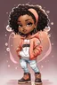 Placeholder: Create an colorful urban comic book illustration of a chibi cartoon black female thick curvy wearing a cut of peach hoodie and white jeans and timberland boots. Prominent make up with long lashes and hazel eyes. Highly detailed shiny sister locs. Background of a large bubbles all around her