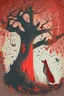 Placeholder: in a cosy vintage style, a beautiful witch marvels at a red tree with a wolf nearby