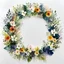 Placeholder: watercolor and alcohol ink, botanical, small flowers on bottom left and top right , big round wreath, white inside, white background, minimal