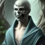 Placeholder: portrait of vampire poet wearing soft robes and blue gloves,dark stone statue, lively eyes,hidden hands, framed by foliage, shiny eyes, skull & scroll