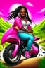 Placeholder: Create a digital airbrush cartoon of a curvy African American female wearing tight white jeans and a off the shoulder hot pink blouse. She is also wearing timberland boots. Prominent make up with hazel eyes. Highly detailed very long extremely braids of black hair. Her skin is smooth and silky. Background of a track of ATV riders.