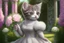 Placeholder: an anthropomorphic, kitten bride happily throwing a bouquet in a beautiful garden. The kitten has fluffy fur in shades of light brown and grey with distinct tabby markings on its face. Its large, expressive eyes are a deep emerald green and it has a small, pink nose. The kitten is wearing embroidered white lace bride dress, tulle, gemstones, pearls, adorning the hem and bodice. Behind her, a celebrating crowd, cats and people dressed in elegant clothes, wedding food and cake on the tables. Behin