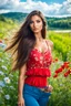 Placeholder: beautiful lady in nice red short top and blue pants with curvy long hair,perfect face,perfect eyes,country side,wild flowers ,blue sky nice clouds, long shot