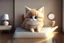 Placeholder: cute fluffy chibi beige cat measuring fever in a modern room in sunshine