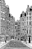 Placeholder: outline art for Amsterdam street for adults with Amsterdam street , white background, Sketch style, only use outline. clean line art, no shadows and clear and well outlined, many Patterns and Detailsls