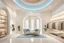 Placeholder: a modern minimalist luxury clothing store with limestone persian arc windows and displays, islamic pattern details, white-beige furniture, baby blue walls, lots of natural light