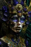 Placeholder: Beautiful young faced vantablack materiál half lace ornate face masque ribbed woman portrait, wearing Golden dust and amethyst mineral stone and violet orchid vantablack goth decadent headdress, golden and violet Dusty make up on, adorned with embossed botanical and floral goth shamanism costume organic bio spinal ribbed detail of transculent malachite fine line embossed background extremely detailed hyperrealistic maximálist concept portrait