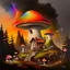 Placeholder: A rustic white, orange, and green (((mushroom house))) perched atop a (tall geologic pillar), surrounded by a ((( rainbow haze ))), offset by the subtle hues of an (dark space scape), within. captured by the hand a skilled master painter with a focus on (hard bold compositions and voluminous lighting).detailed matte painting, deep color, fantastical, intricate detail, splash screen, exaggerated colors, fantasy concept art, 8k resolution