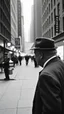 Placeholder: An old picture style of black and white mono very bad quality looks very old camera picture with cracks of trump walking with frank Sinatra in New York street year 1900 in the background from a distance