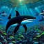 Placeholder: a very detailed orca in the ocean surrounded by a school of little fishes. Realistic, underwater world, enchanting, dangerous.