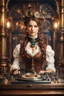 Placeholder: Front view Photography Ultra Realistic HD Natural Beauty Steampunk classic Victorian woman as dj player, chromatic aberrations, establishing shot, tilt-shift effect