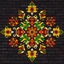 Placeholder: Symmetrical Looking Colorful Pakistani Cultural Art Pattern With Traditional Looking Floral Patterns Drawn (Using Colors Like: Golden, Orange, Maroon, Green and Brown) On A Dark Brick Wall Background.