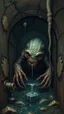 Placeholder: A big scary creature laying inside an underground water sewages with small pipes dripping dirty water in painting style of Bosch nightmares Art form