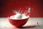 Placeholder: a highly detailed cinematic photograph of a single small red ball falling down in a bowl of milk