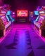 Placeholder: A dark photo of the corners of an 80's aesthetics arcade at night, with a lot of functioning arcade machines, a vaporwave floor and some colorful tiles in between the floor. Purple aesthetics. There are some pizza boxes over some of the arcade machines