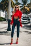 Placeholder: full body fashion style, blonde in red, perfect beauty and harsh aesthetics, Miami Beach, like the style of Rene Gruau,real stic detailed