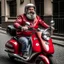 Placeholder: a photo of a fat man with beard riding a vespa wearing loriseg armor and helmet, red tunic, <lora:loriseg_V2-10:0.7>