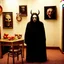 Placeholder: Flash photo of a room, 1980 horror movieshot, with chair, table, odd objects in background, ugly and scary mask, odd paintings hanging in the walls, rotten fruits, pair of glasses, horns, skin