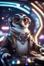 Placeholder: pen outline, really macho pimp gremlin penguin captain that go hard sitting in space station cockpit , in front of space portal dimensional glittering device, bokeh like f/0.8, tilt-shift lens 8k, high detail, smooth render, down-light, unreal engine, prize winning