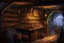 Placeholder: inside of a medieval shop, wooden walls, log pillars, stone bar with shop keeper behind it, magical ingredients on display and weapons on display. people, elves, goblins, orcs, dwarves and lizard folk in room